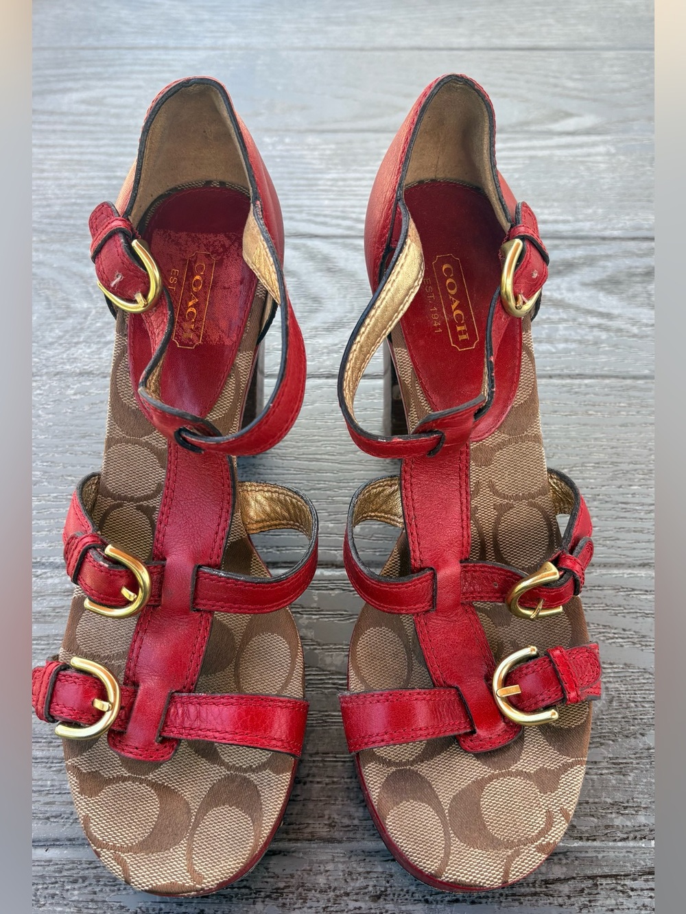 Coach Heels Size 8.5 B - Red Pumps Gold Logo Joanne New Port